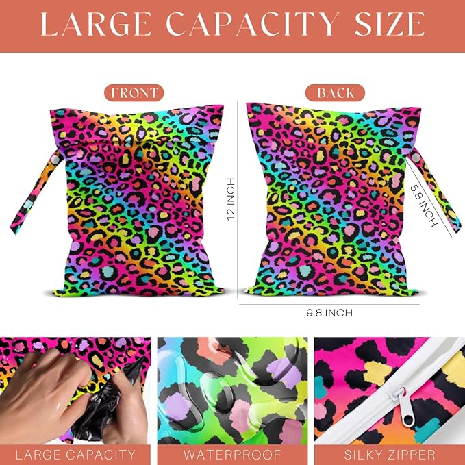 4 Pack Colorful Rainbow Neon Leopard Wet Bag Waterproof Washable Reusable Wet Dry Bag for Swimsuit Clothes Cloth Diaper Travel Pool Yoga Gym Toiletries Gift for Women Friend Bestie Christmas Birthday