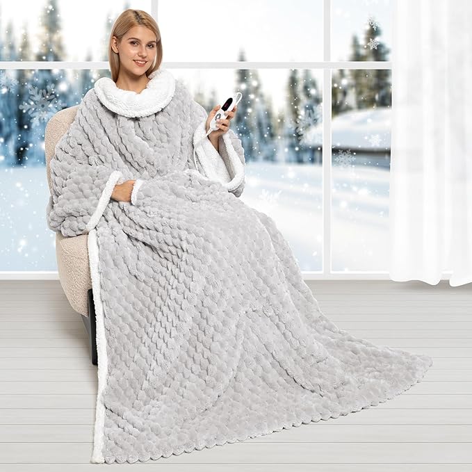 Electric Blanket Heated Throw, Soft Flannel & Sherpa Wearable Heated Blanket with Sleeves, Heating Wearable Blanket with 6...
