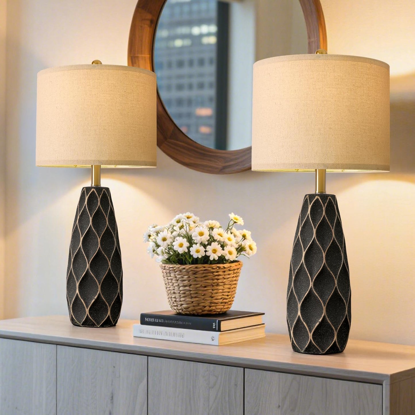 Portres 27.5 Ceramic Table Lamps For Bedroom Living Room Lamps Set Of 2 Modern Bedside Nightstand Lamp Farmhouse Vintage Rustic Boho Retro Large Table Lamps Light Home Office Desk Deco Gifts  Black