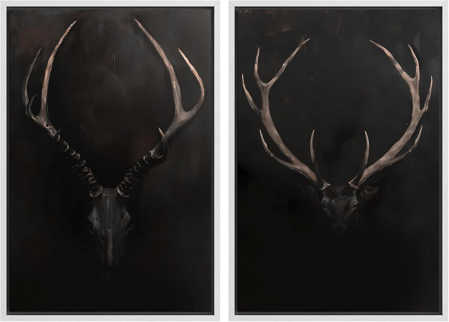 SIGNWIN Framed Canvas Print Wall Art Rustic Antler Skull Dark Dramatic Black Vintage-Inspired Deer and Elk Antlers Illustrations Decorative for Living Room, Bedroom, Office - 24"x36"x2 White