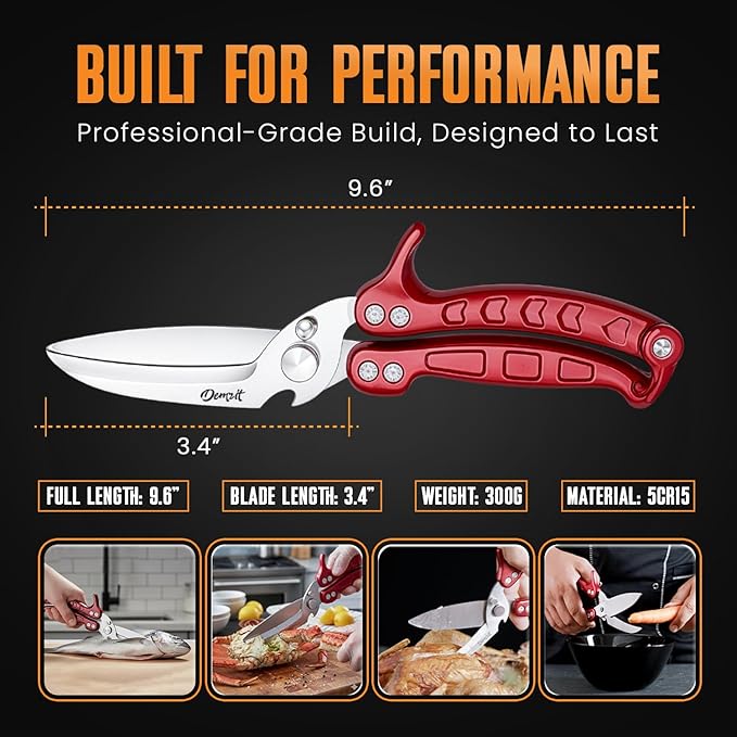 Poultry Shears, Kitchen Shears Heavy Duty for Food With Anti-Slip Handle & Safety Lock, Meat Scissors, Chicken, Lobster, Quail, Fish, Food Cutting Scissors, Bone Cutter (Ultra shears Red)