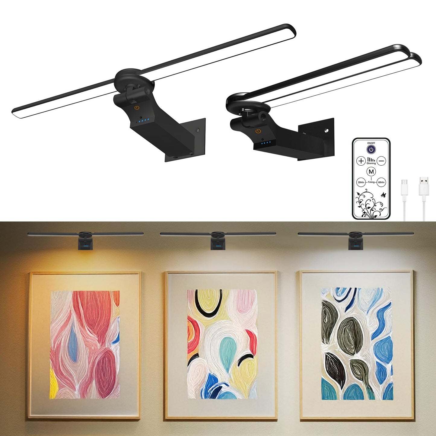doublacy 2 Pack Picture Light for Wall, 18in Rechargeable, Dimmable, Remote Control, Black, Model AA-3