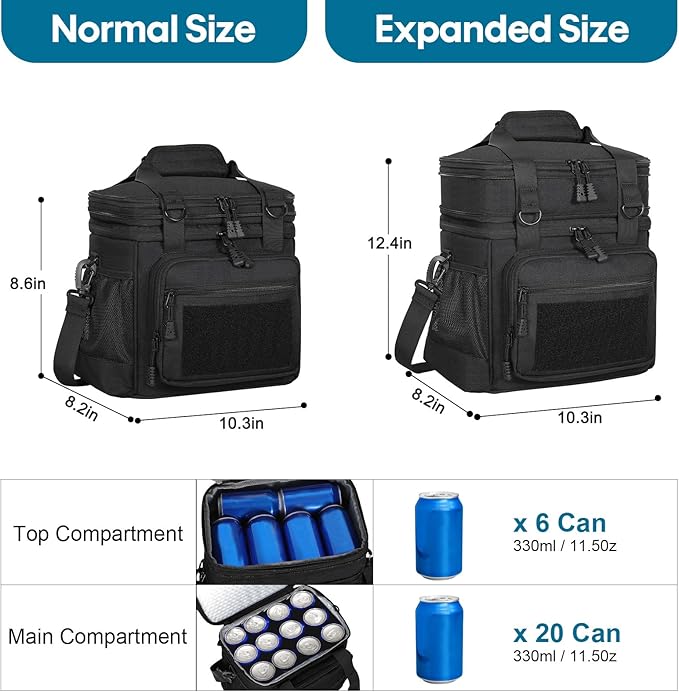 GLENKEY Double Deck Insulated Lunch Box, Expandable Large Lunch Bag Leakproof Cooler Bag Lunch Pail for Men Women Adults Work Shifts Travel Daytrip, Black