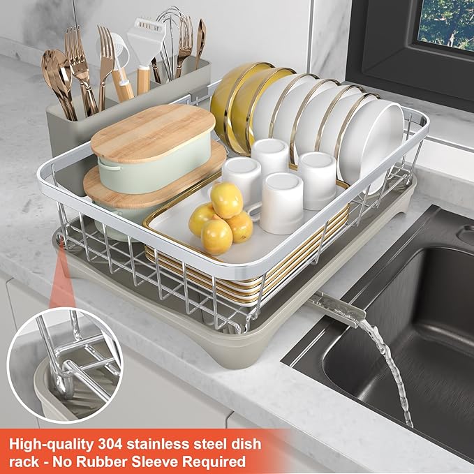 Dish Drying Rack - 304 Stainless Steel Dish Rack with Utensil Holder & Adjustable Spout, Space-Saving Organizer, Large Capacity for Bowls, Dish Drainer with Drainboard, Grey