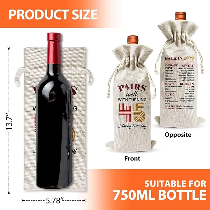 45th Birthday Wine Gift Bag For Wife Sister Friend Mom Dad Women Men Her Him, 1979 Birthday Gift, 45th Anniversary Wine Bag, 45th Birthday Party Decoration, Pairs Well With Turning 40th