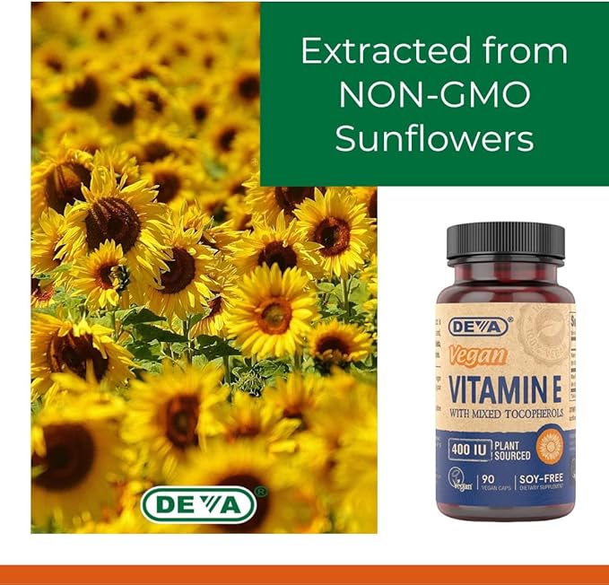 DEVA Vegan Natural Source Vitamin E 400IU with Mixed tocopherols, Soy-Free – 90 Veg Caps (Pack of 2)