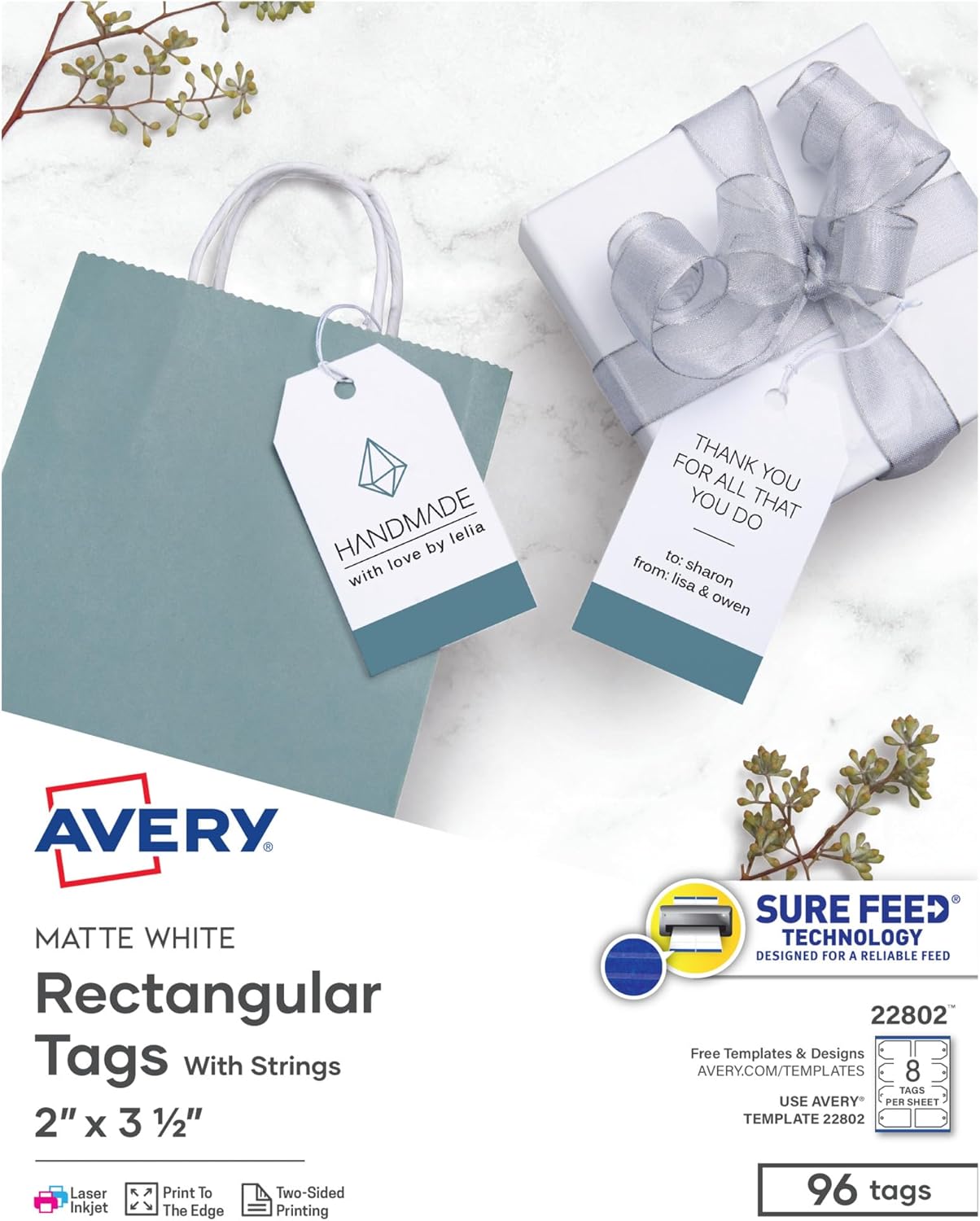 Avery Blank Printable Tags, Sure Feed Technology, 2" x 3.5", White, 96 Customizable Tags, String Included, Great for Branding, Gifts, Merchandising, and More (22802)