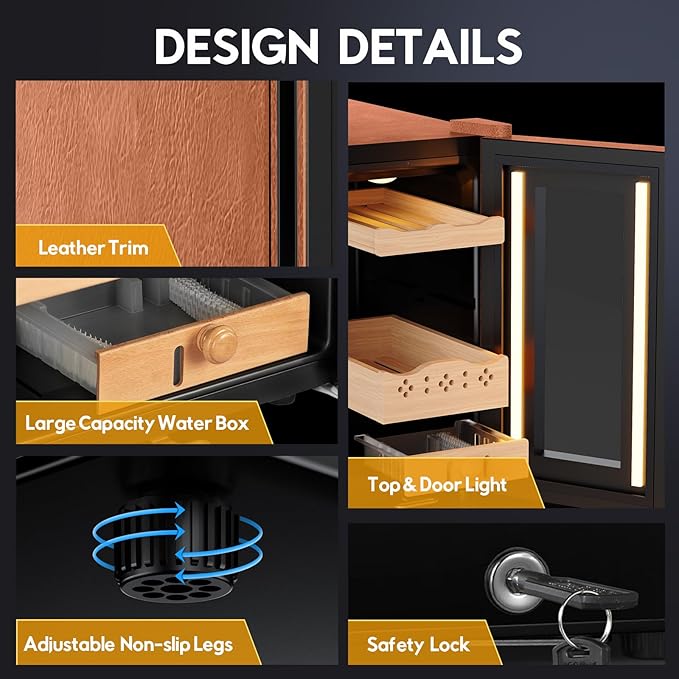 Tylza Leather Trim Cigar Humidor, 25L Cigar Humidor Cabinet with Auto Humidity & Temp Control, 220 Counts, 3 LED Lights, Spanish Cedar Wood, Cigar Humidors with Safety Lock, Gifts for Men
