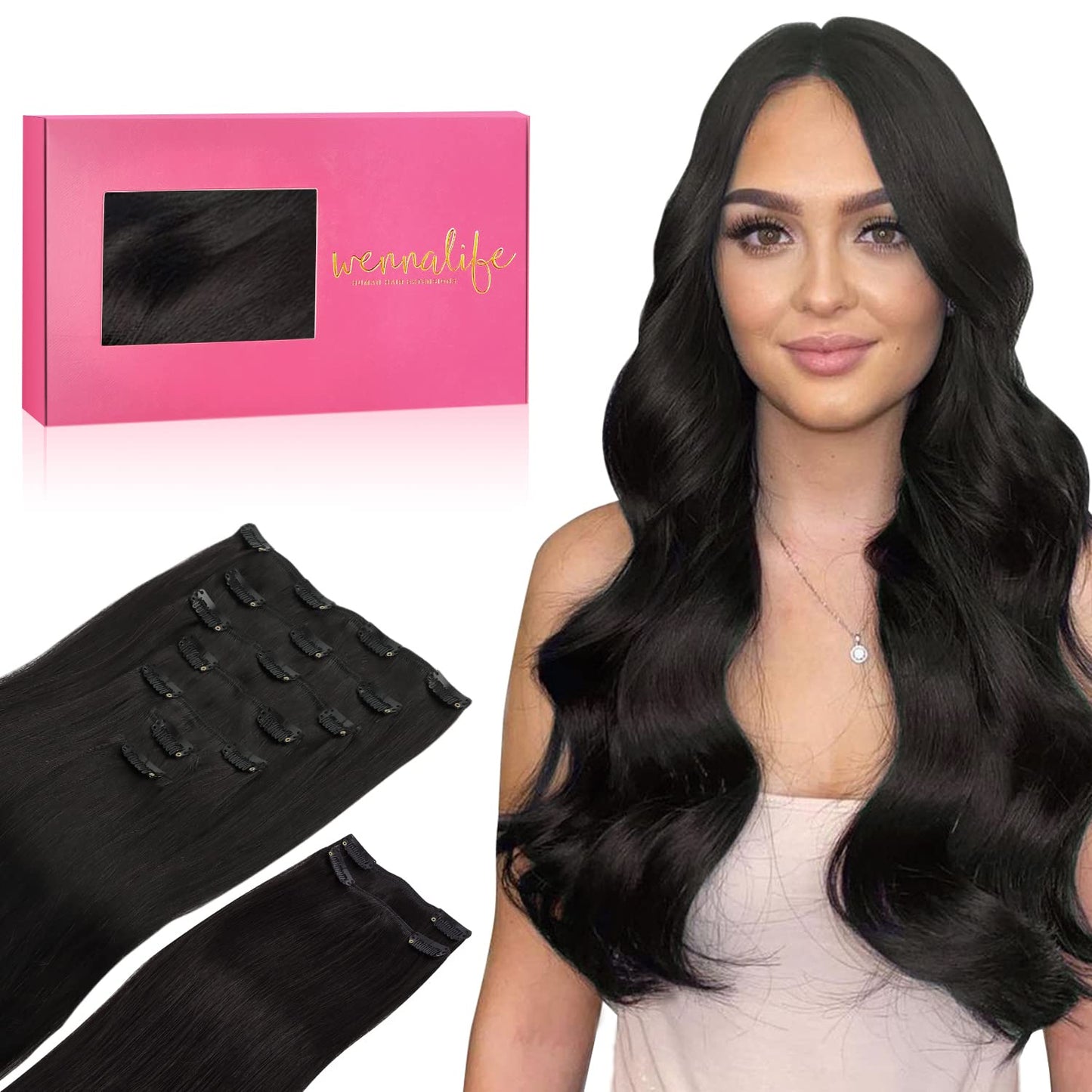 WENNALIFE Clip in Hair Extensions Real Human Hair, 150g 18 Inch 9pcs Natural Black Remy Hair Thicker Double Weft Extensiones De