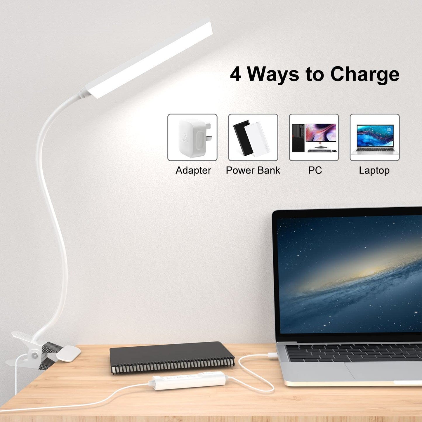 Vansuny LED Desk Lamp with Metal Clip, 11 Brightness Levels, 3 Color Modes, USB Powered, Flexible Gooseneck, White