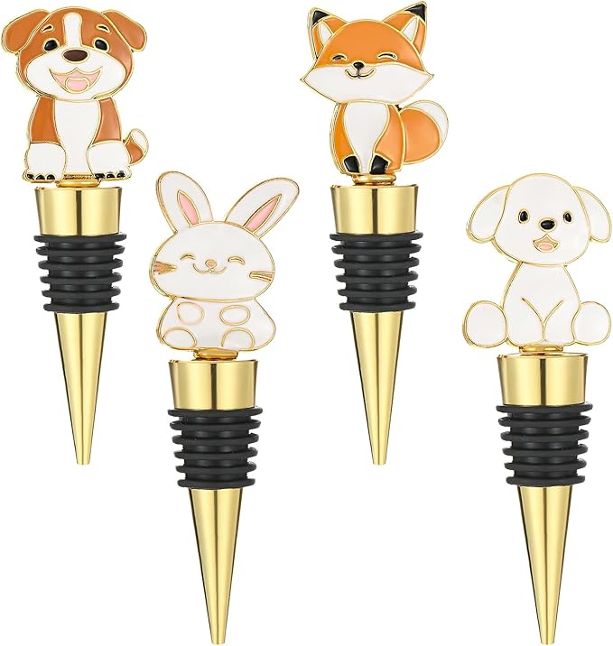 Christmas Wine Bottle Stopper,4 Pieces Christmas Dog Rabbit Fox Decorative Xmas Wine Bottle Stopper,Metal Reusable Christmas Bottle Stoppers for Wine, Champagne and Beer Collection (Animal)