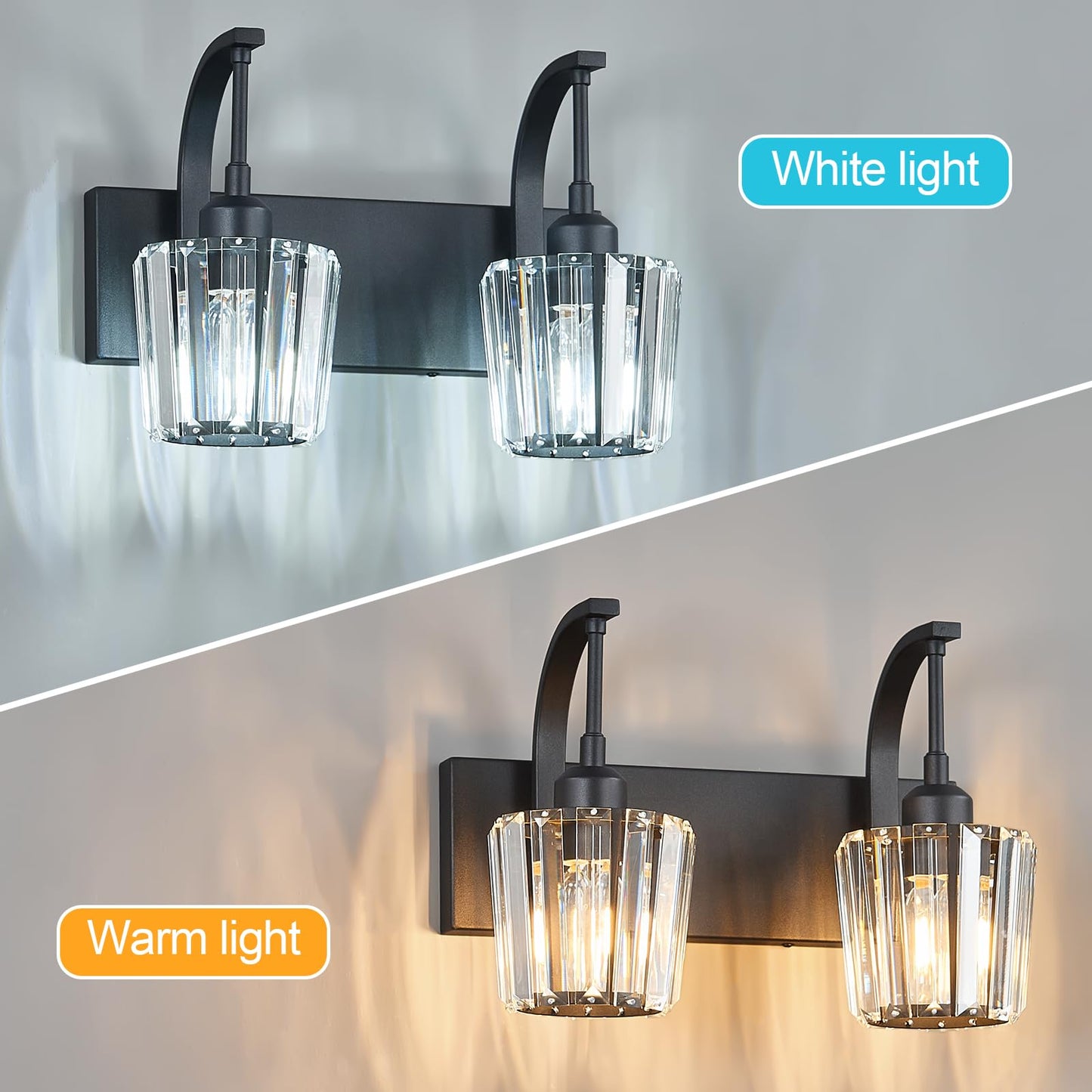 Fdpby Modern Bathroom Vanity Light  2-Light Black Wall Sconce With Crystal Accents  Over Mirror Bathroom Lighting Fixture  13.77 Long Dimmable Vanity Lamp For Makeup  Easy Installation