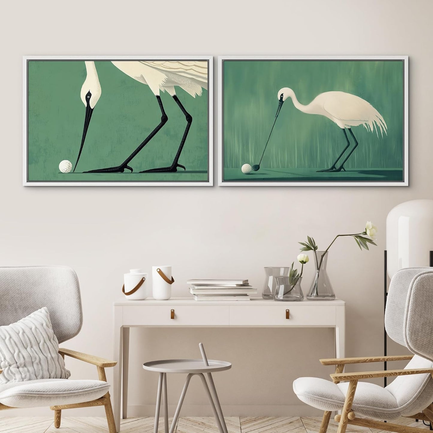 SIGNWIN Framed Canvas Print Wall Art Set Funny Crane Playing Golf Whimsical Bird Illustrations Modern Art Rustic Minimal for Living Room, Bedroom, Office - 16"x24"x2 White