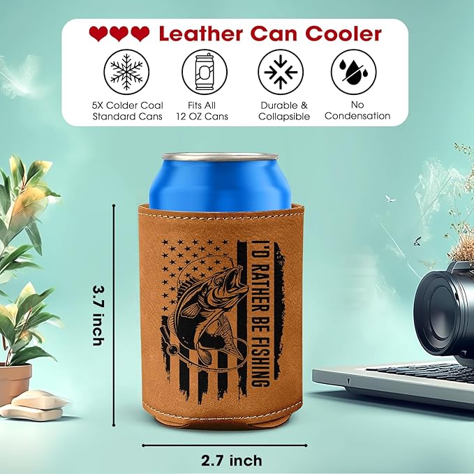 Fishing Gifts for Men – Leather Beer Can Cooler – Perfect Christmas, Birthday Gift for Fisherman – Fishing Present for Dad, Husband, or Friend – Durable Collapsible Leather Can Holder