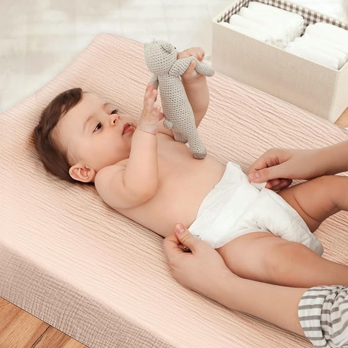 3 Pack Muslin Changing Pad Cover, Solid Changing Table Pad Cover, Soft Breathable Double Layer Boho Changing Pad Sheets Fit for Standard Changing Pad 16" x 32" (Cedar & Peach & Beige)