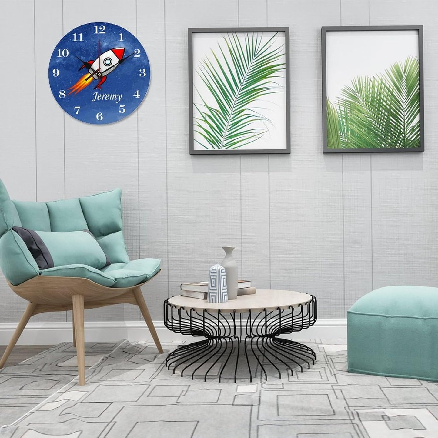 Personalized Rocket Kids Name Wood Wall Clocks Rustic Battery Operated 12 inch Non Ticking Educational Wall Clock for Kids Rooms Boys Girls,Nursery Wall Clock,Custom Kids Clock with Name