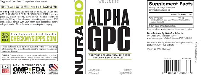 NutraBio Alpha GPC, Brain Support & Improved Memory Function, 300mg - 60 Vegetable Capsules