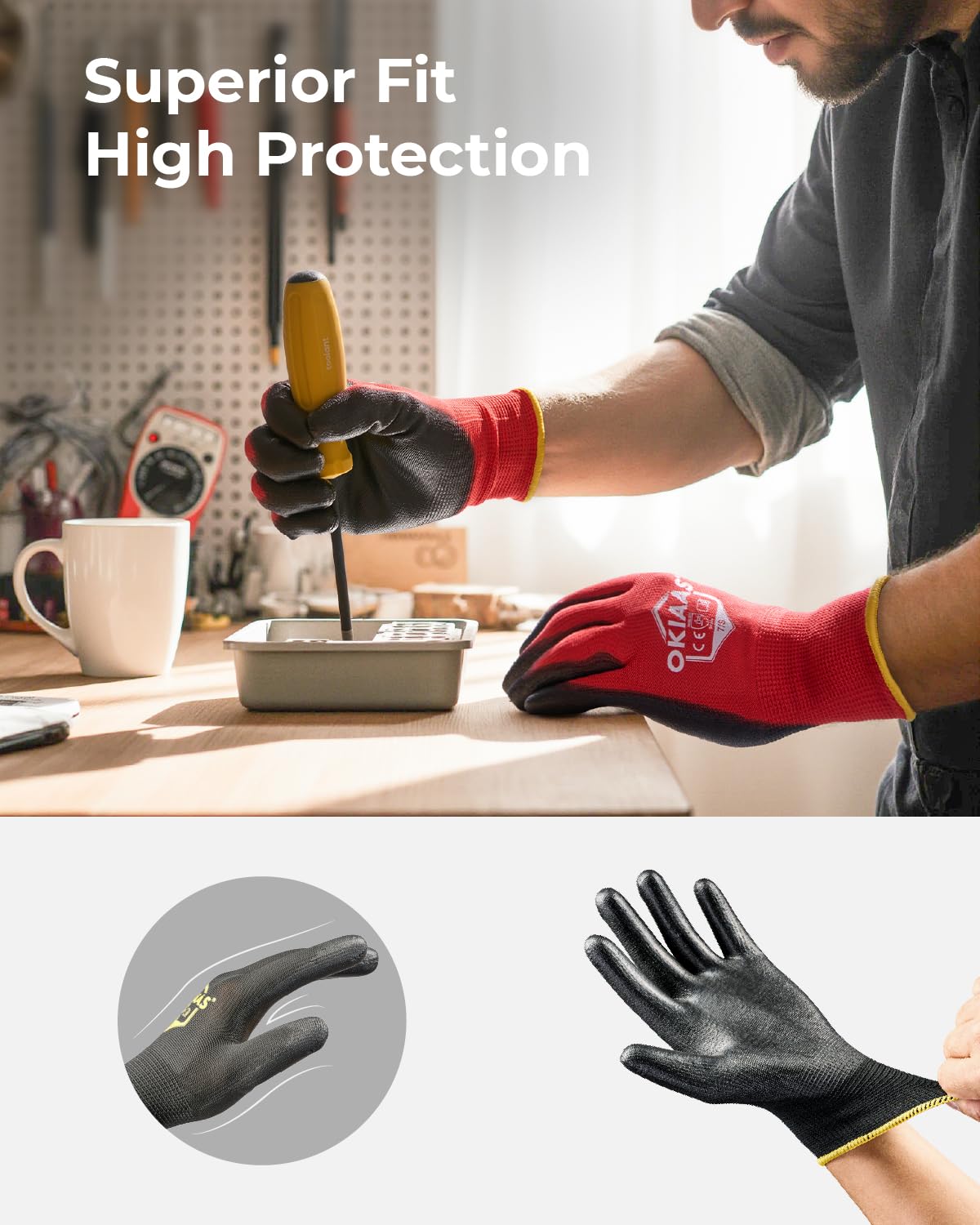 OKIAAS Men's Ultra-Thin and Lightweight Working Gloves with Grip, 12 Pairs Bulk Pack, Construction Gloves with Polyurethane Coating, Safety Gloves for Light Duty Work, Red, Medium