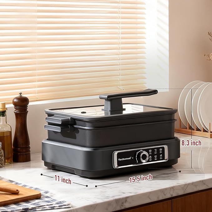 Slow Cooker, Techwood 7.5-Quart Multi-Cooker with 5-Level Heat Settings, Come with Non-stick Skillet Pan & Cooking Pot, Dishwasher Safe, Black