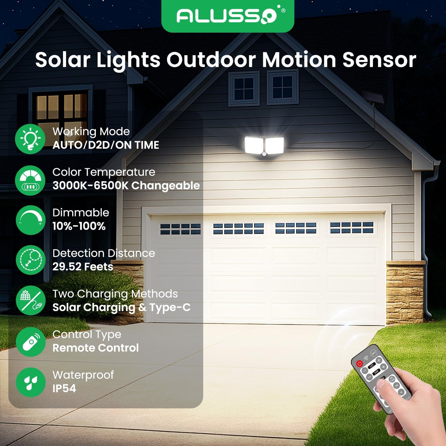 ALUSSO Solar Flood Lights with Motion Sensor, 3000K-6500K Dimmable, Waterproof, 1 Pack, Black, Model OT04
