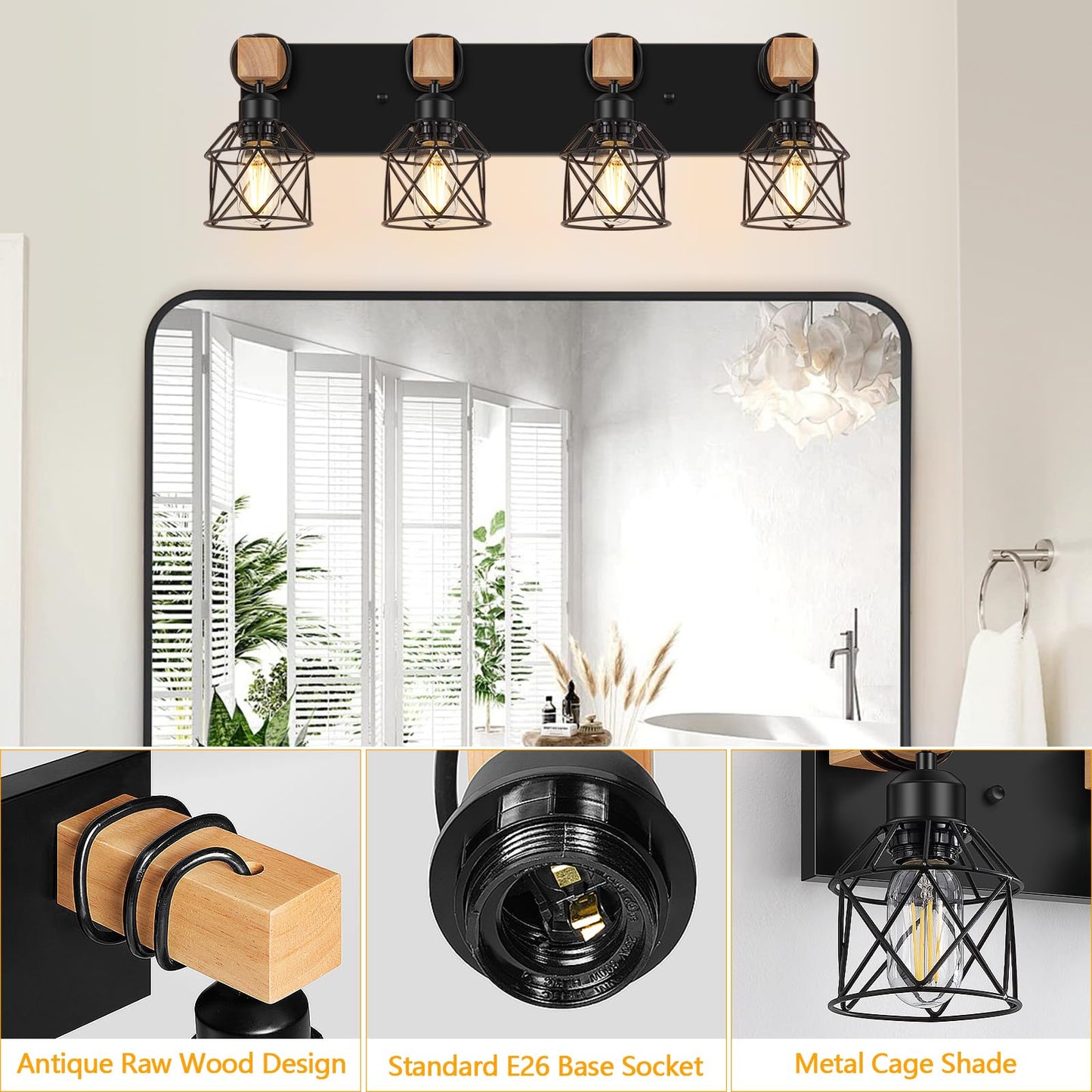 Fadimikoo 4-Light Rustic Wood Bathroom Vanity Light, Black Metal Cage Sconces, Model Fbd-07, Ideal For Hallway & Bedroom