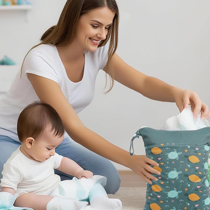 2pcs Wet Bags Waterproof Reusable Wet Dry Bag with Two Zippered Pockets Travel Beach Pool Daycare Yoga Gym Bag for Baby Cloth Diaper,Swimsuits,Wet Clothes (Turtles & Seagrass)