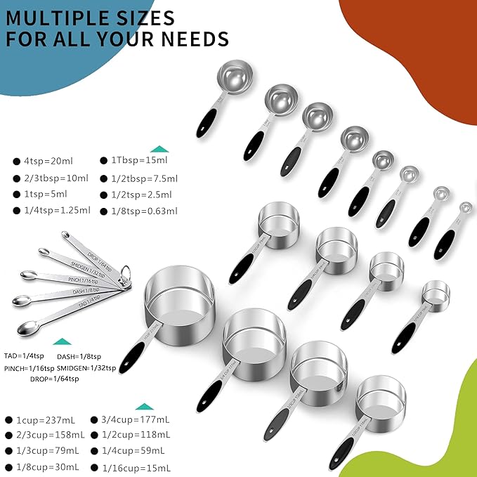 Measuring Cups and Spoons Set, 21 Pieces Stainless Steel Measuring Cups Measuring Spoons Set with Black Silicone Handle, Nesting Measuring Cup Spoon for Dry or Liquid Ingredients
