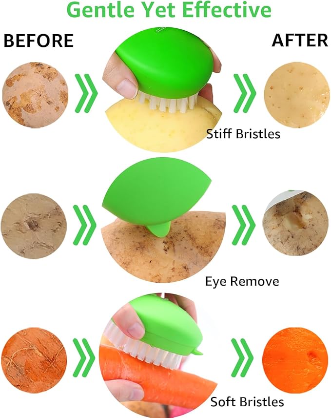 Vegetable Brush – Dual Bristles Veggie Brush & Non-Slip Grip Potato Scrubber for Root Vegetables Fruit and Vegetable Brush • Your Kitchen Essential (Green 2-Pack)