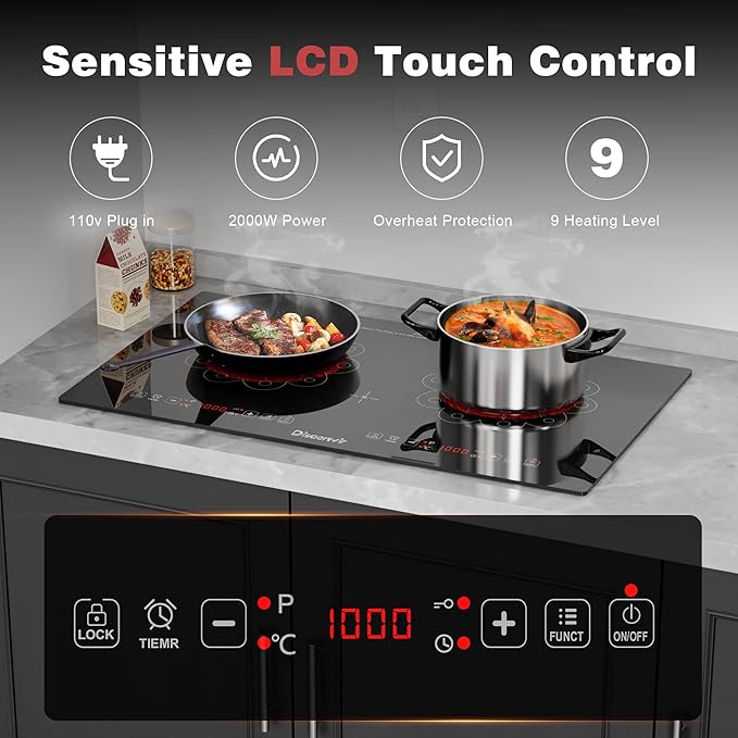 2 Burner Electric Cooktop - 24 Inch Electric Stove Built-in and Countertop, Portable Two Burner Ceramic Cook Top with Child Lock, Timer, Sensor Touch Control, 110V - 120V Plug in