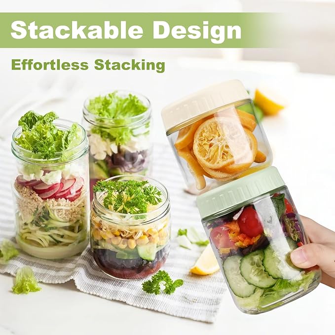 Overnight Oats Containers with Lids, 24oz Glass Jars with Lids 4 pcs, Pink, Wide Mouth Mason jars for Salad, Yogurt, Snacks, Meal Prep