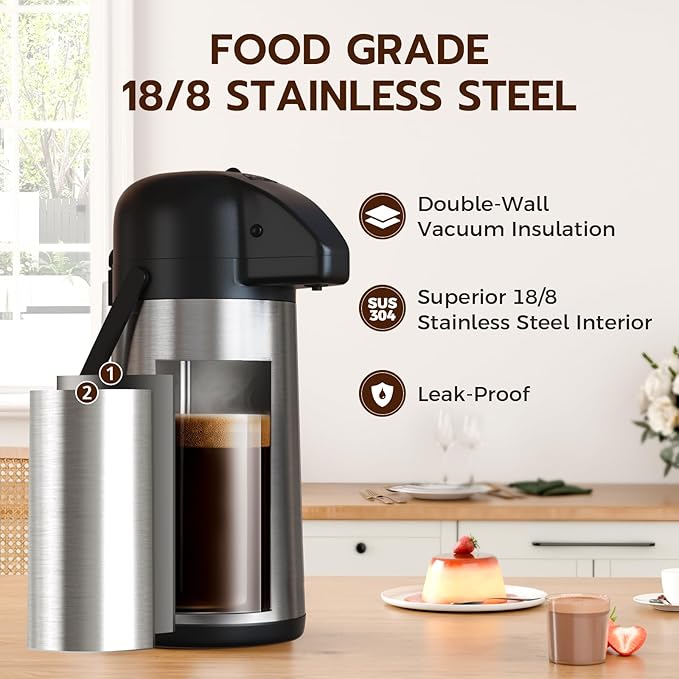 Coffee Carafe for Keeping Hot - Gezoss 64OZ / 1.9L Airpot Coffee Dispenser with Pump - Large Coffee Thermos for Hot Drinks Tea Liquid - Insulated Stainless Steel Hot Water Beverage Urn for Parties