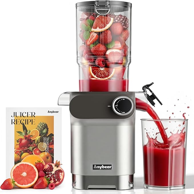 Anybear Cold Press Juicer, 200W Masticating Slow Juicer 4.3" Large Feed Chute Fit Whole Fruits Vegetables | Upgraded Auger | Tritan Material | BPA Free | Juice Recipes (Silver)