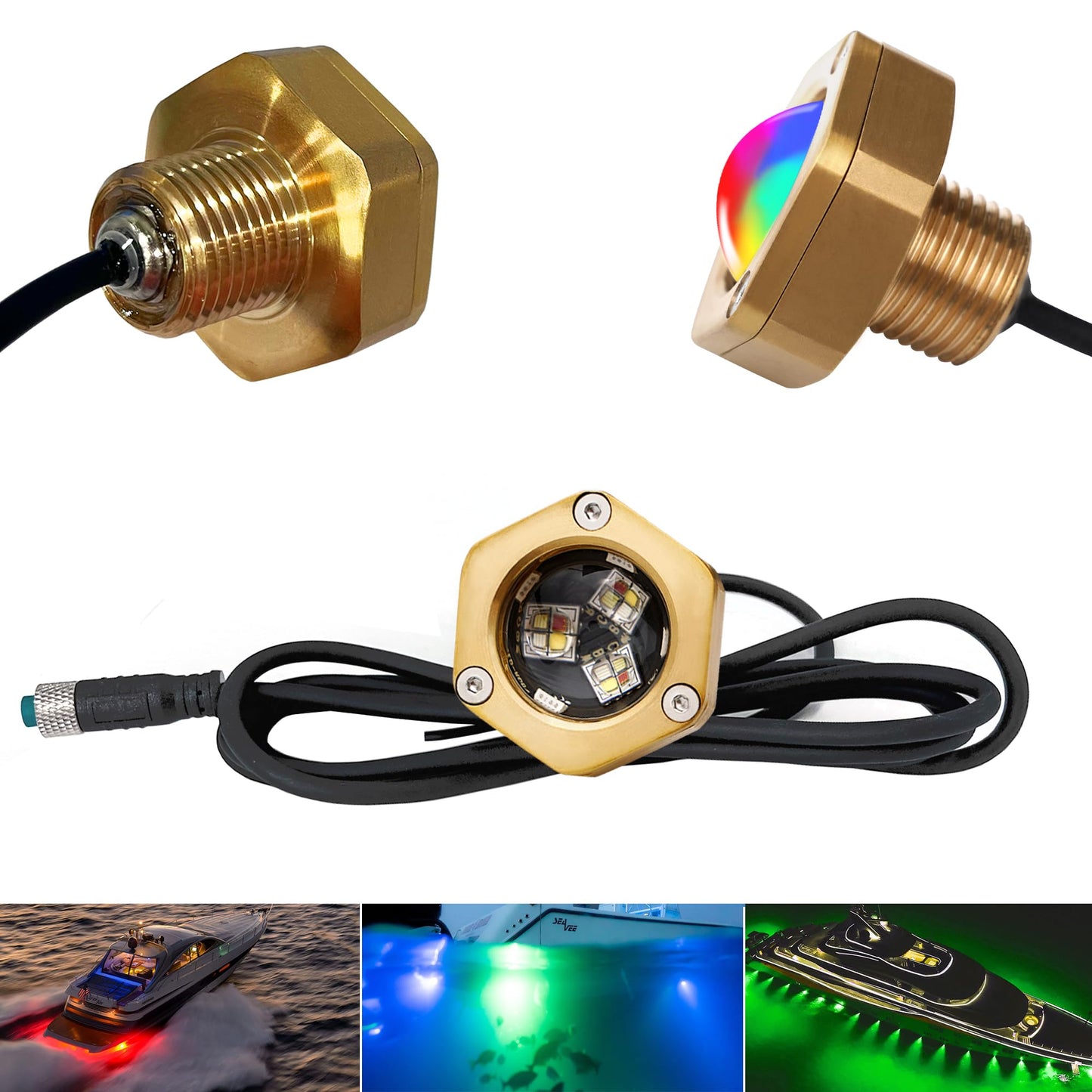 Kingshowstar RGBW Underwater Boat Drain Plug Light, IP68 Waterproof, 1/2in NPT, Durable Bronze Housing, Model KS-RGBW-S01