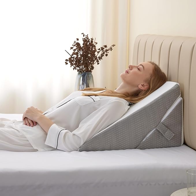 Wedge Pillow for Sleeping, Adjustable 9&12 Inch Foldable Bed Wedge Pillow Set, Orthopedic Memory Foam Triangle Pillow Wedge, 7-in-1 Elevated Pillows for Leg and Back Support, White/Grey