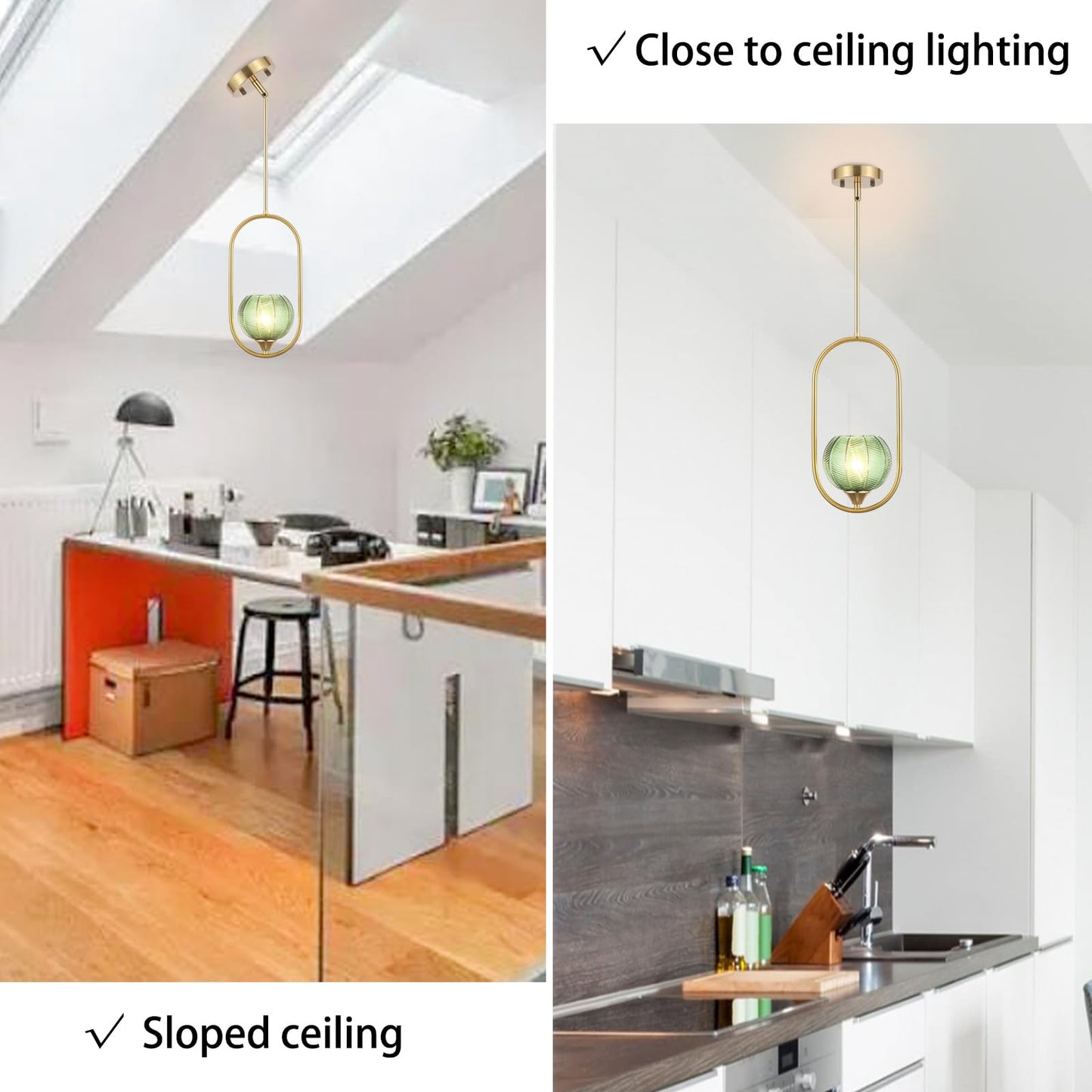 Byoliima Modern Gold Globe Pendant Light With Green Glass Globe Lampshade Mid Century Chandelier 1-Light Brushed Brass Ceiling Hanging Lighting Fixture For Kitchen Island Dining Room Bedroom (2 Pack)