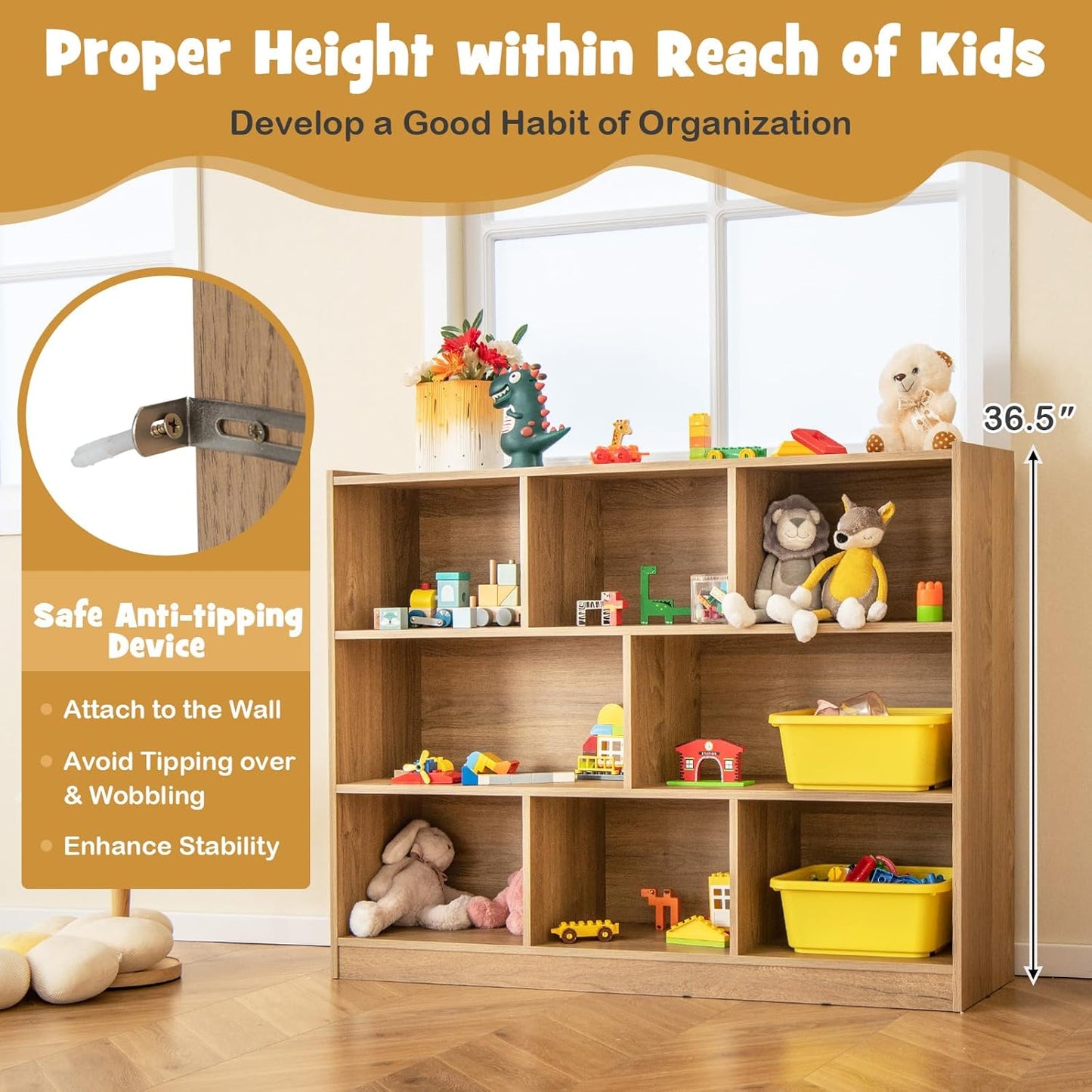 KOTEK Toy Storage Organizer, 8 Cubby Kids Bookshelf, Wooden 4-Tier Bookcase Storage Cabinet, Open Display Book Shelf for Daycare, Nursery, School Classroom, Playroom & Living Room (Natural, 8 Cubes)