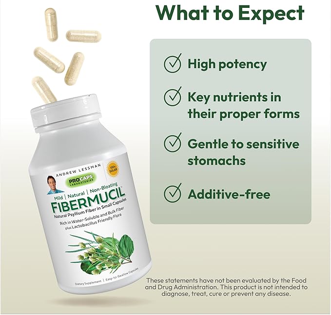 ANDREW LESSMAN Fibermucil 180 Capsules -Psyllium Husk Powder. Gently Promotes Regularity and Digestive Health. Rich in Fiber. Gentle, Easy, Effective. No Additives. Small Easy to Swallow Capsules