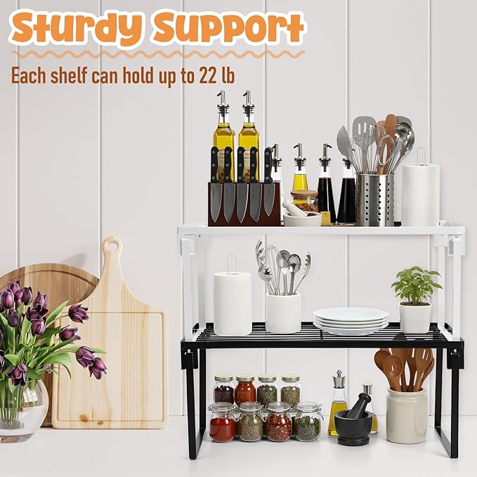 4 Pack Stackable Metal Kitchen Storage Shelf Foldable Racks, Pantry Shelf Cabinet Organizers, Expandable Storage Rack for Cabinet Fridge Bathroom (15 x 8.5 x 6.6, White, Black)