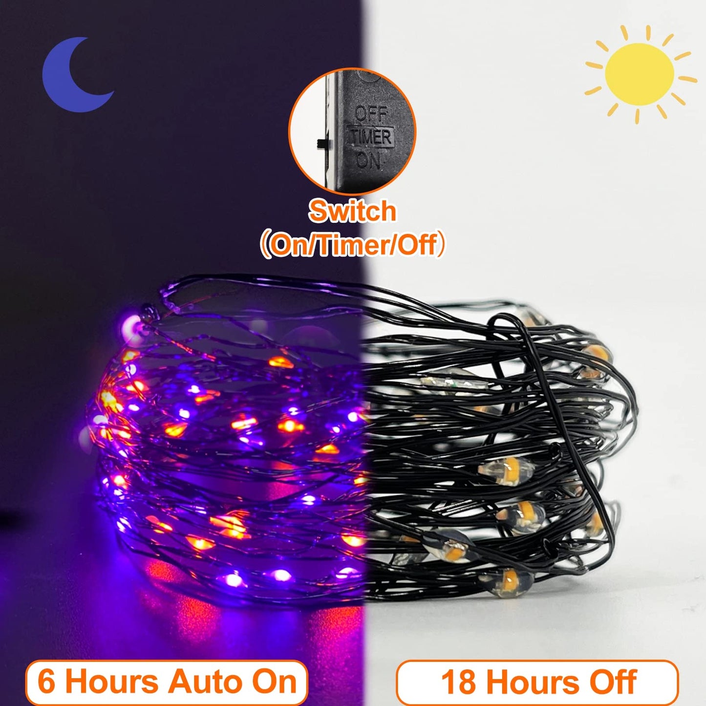 TURNMEON Halloween String Lights, 10FT 30LED, Copper Wire, Battery Powered, Purple and Orange, Indoor/Outdoor Decor