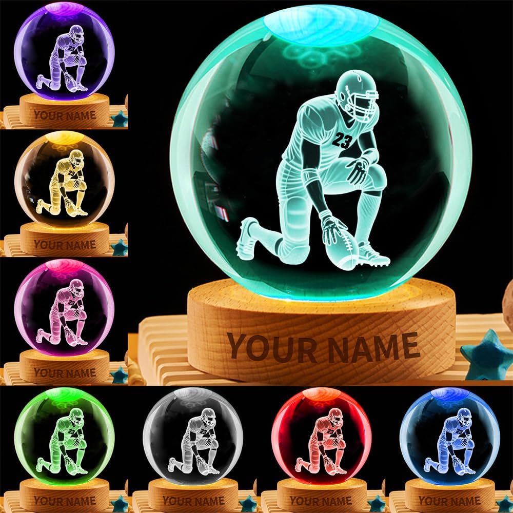 Personalized Football Crystal Night Light Gift for Men Women, Custom Name/Number Football Player 3D Crystal Ball Night Light Lamp for Bedroom Room Sports Decor Party Bar Christmas Birthday Gift