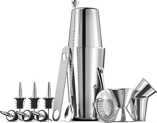 Expert Cocktail Shaker Home Bar Set - 14 Piece Stainless Steel Bar Tools Kit with Shaking Tins, Flat Bottle Opener, Double...