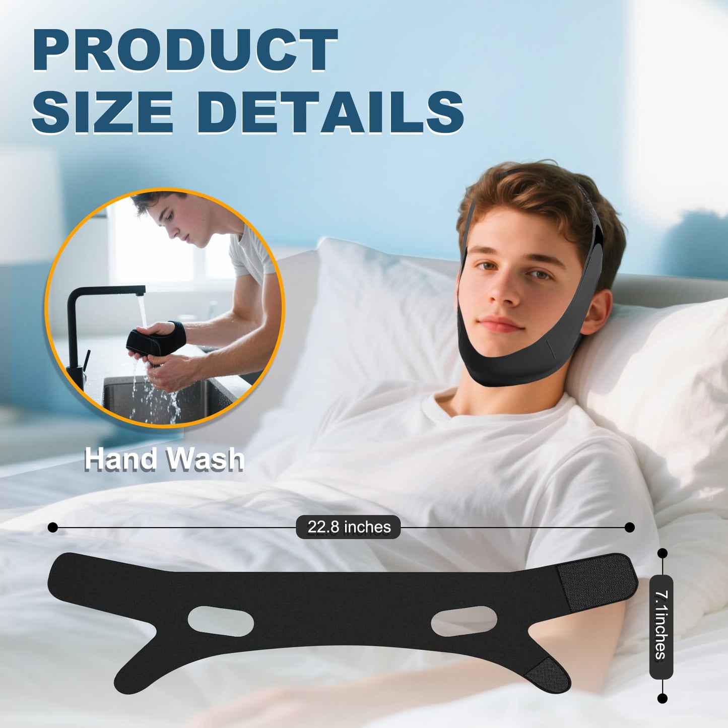 Holinee Chin Strap for Sleeping, Adjustable Chin Strap for Snoring, Anti Snoring Devices Breathable and Reusable, Comfortable Stop Snoring Solution, Anti Snore Chin Strap for Men and Women (Black)