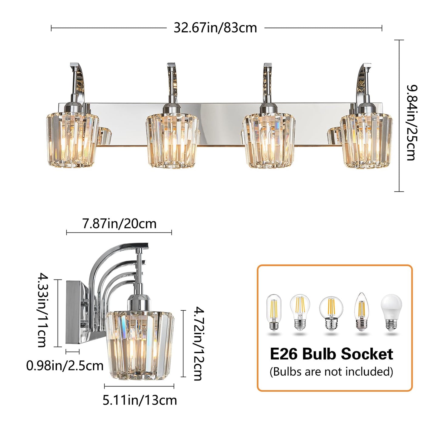Fdpby Modern Bathroom Vanity Light  4-Light Chrome Wall Sconce With Crystal Accents  Over Mirror Bathroom Lighting Fixture  32.67 Long Dimmable Vanity Lamp For Makeup  Easy Installation