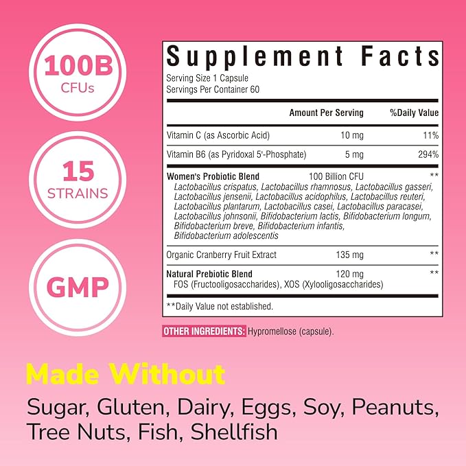 Women's Probiotics 100 Billion CFU, 15 Strains, w/Prebiotic, Cranberry, Vitamin B6 & VC, Gut, Vaginal & Mood Health, Shelf Stable, 60 Vegan Caps