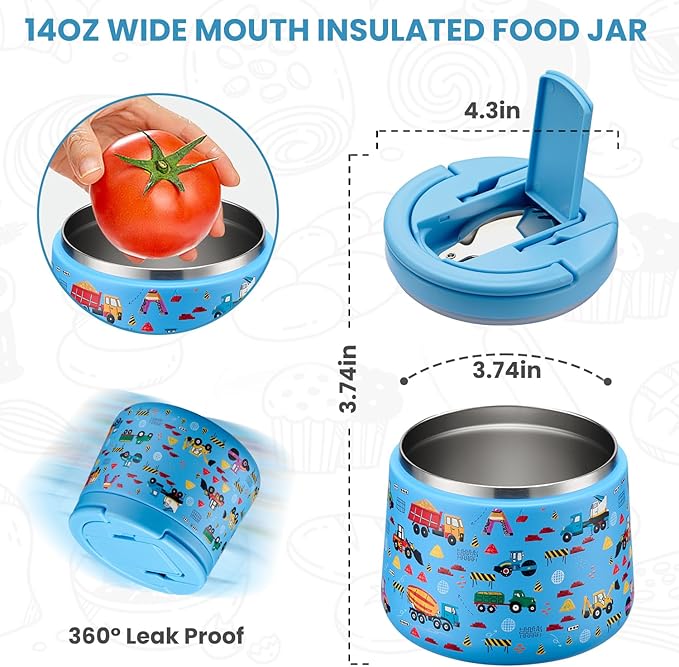 Kids Thermo for Hot Food, 14oz Insulated Soup Jar, Stainless Steel Lunch Box with Leakproof Lid & Spoon, Vacuum Insulated Bento Container (Truck)