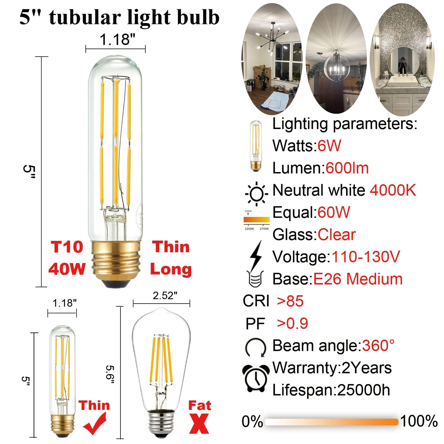 Litehistory 6W Led Tubular Light Bulb, 4000K Neutral White, E26 Edison Bulb, Pack Of 6, Glass For Pendant, Chandeliers, Wall Sconces