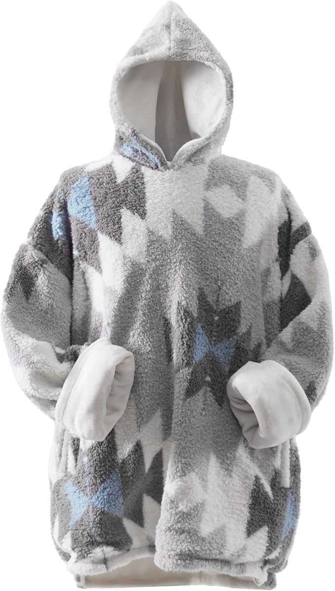 Coleman Oversized Wearable Sherpa and Micro-Mink Blanket Hoodie, Grey - One Size Fits Most