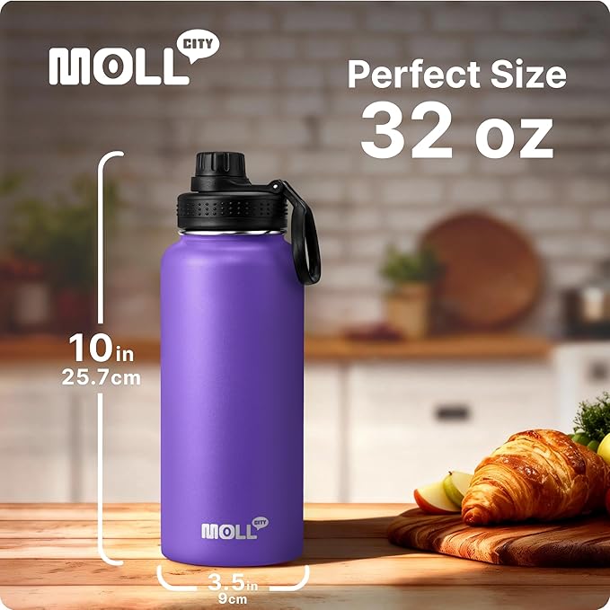 Insulated Water Bottle-32 oz Stainless Steel Vacuum Wide Mouth Sports Flask with Silicone Boot-Reusable Metal Leak Proof Travel Water Bottle for Girls Boys, BPA-Free(Purple)