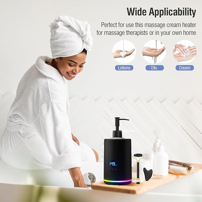 Massage Oil Lotion Warmer, Massage Oil Heater for SPA Massage Therapy and Personal Use, Portable Body Oil Warmer Dispenser with Two Massage Bottles, Adjustable Temperature(86-149°F), Black