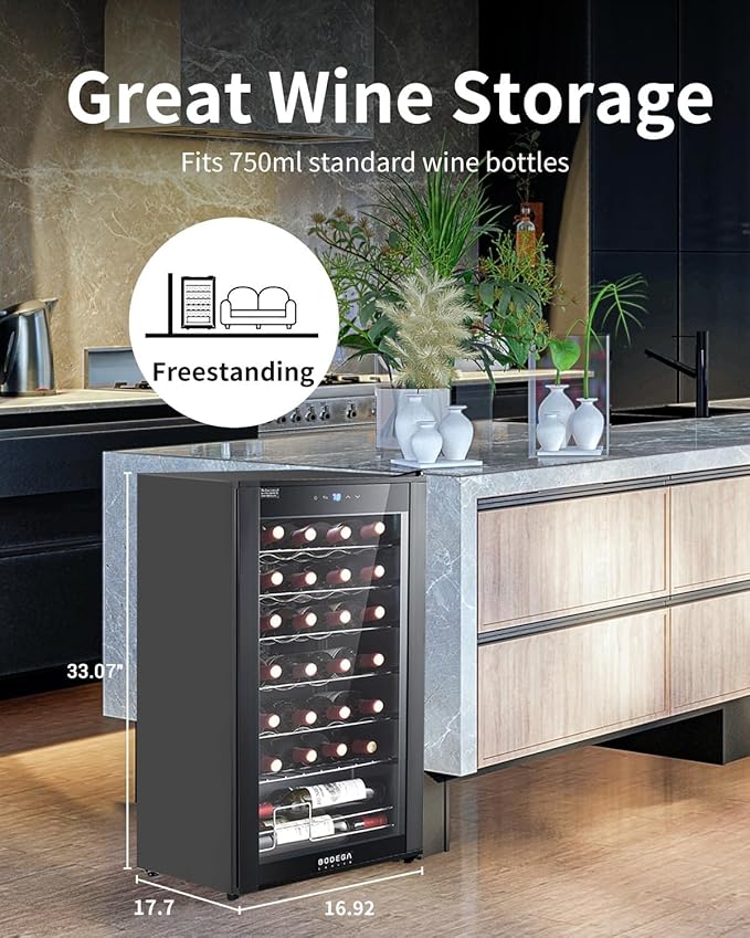 BODEGACOOLER 28 Bottle Mini Fridge for Home and Kitchen, Compressor Wine Cooler Refrigerator for Bedroom, Wine Cooler with Digital Temperature Control & Double-layer Glass Door for Wine, Champagne.